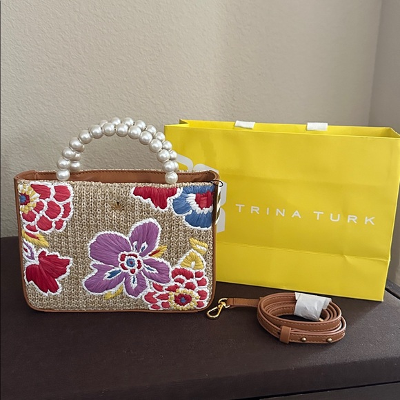 Trina Turk Handbags - Trina Turk Multi-Color Floral Straw Mini Bag with Pearl Handle Cross Body